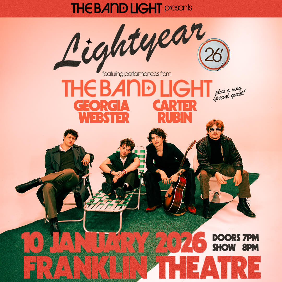Four musicians from The Band Light pose together on lawn chairs with guitars, promoting their concert at the Franklin Theatre on January 10, 2026 in Williamson County, Tennessee.
