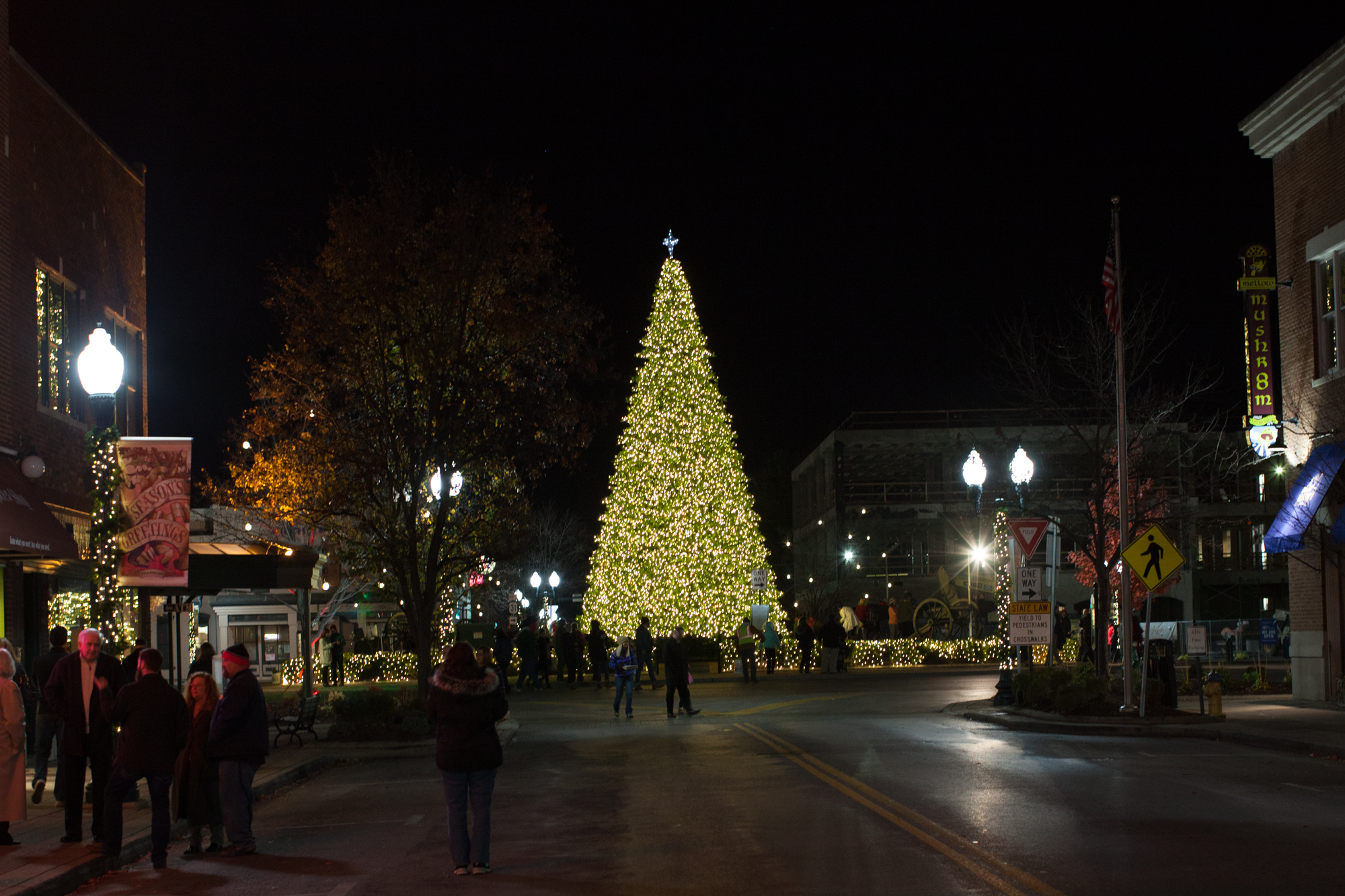 A large, brightly lit Christmas tree stands tall in the center of a town square at night, surrounded by festive decorations and people enjoying the holiday atmosphere in Williamson County, Tennessee.