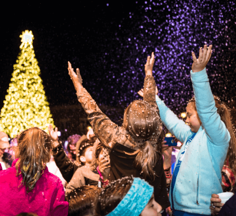 A joyful crowd celebrates under a sparkling Christmas tree, arms raised in excitement in Williamson County, Tennessee.