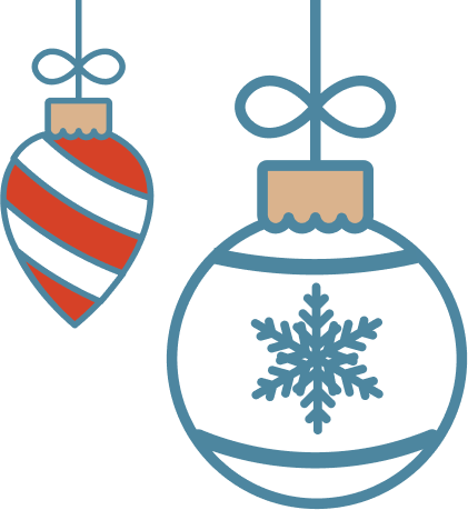 Two stylized Christmas ornaments: one red and white striped, the other white with a snowflake in Williamson County, Tennessee.
