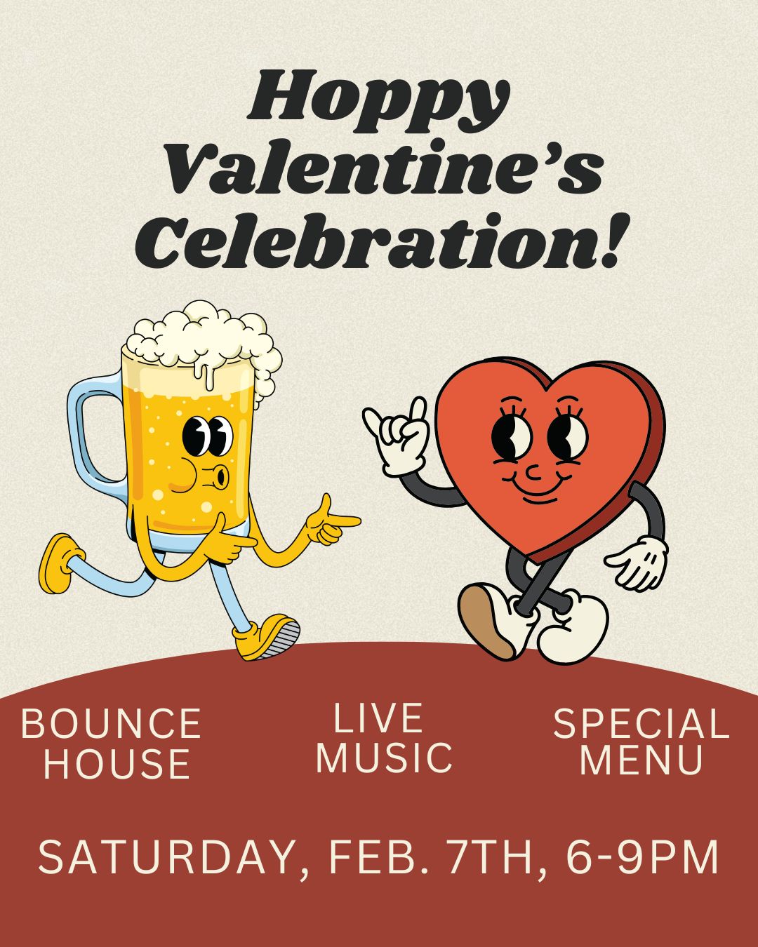 A cheerful beer mug and heart character celebrate Valentine's Day with live music and a special menu at Bounce House on February 7th from 6-9 PM in Williamson County, Tennessee.