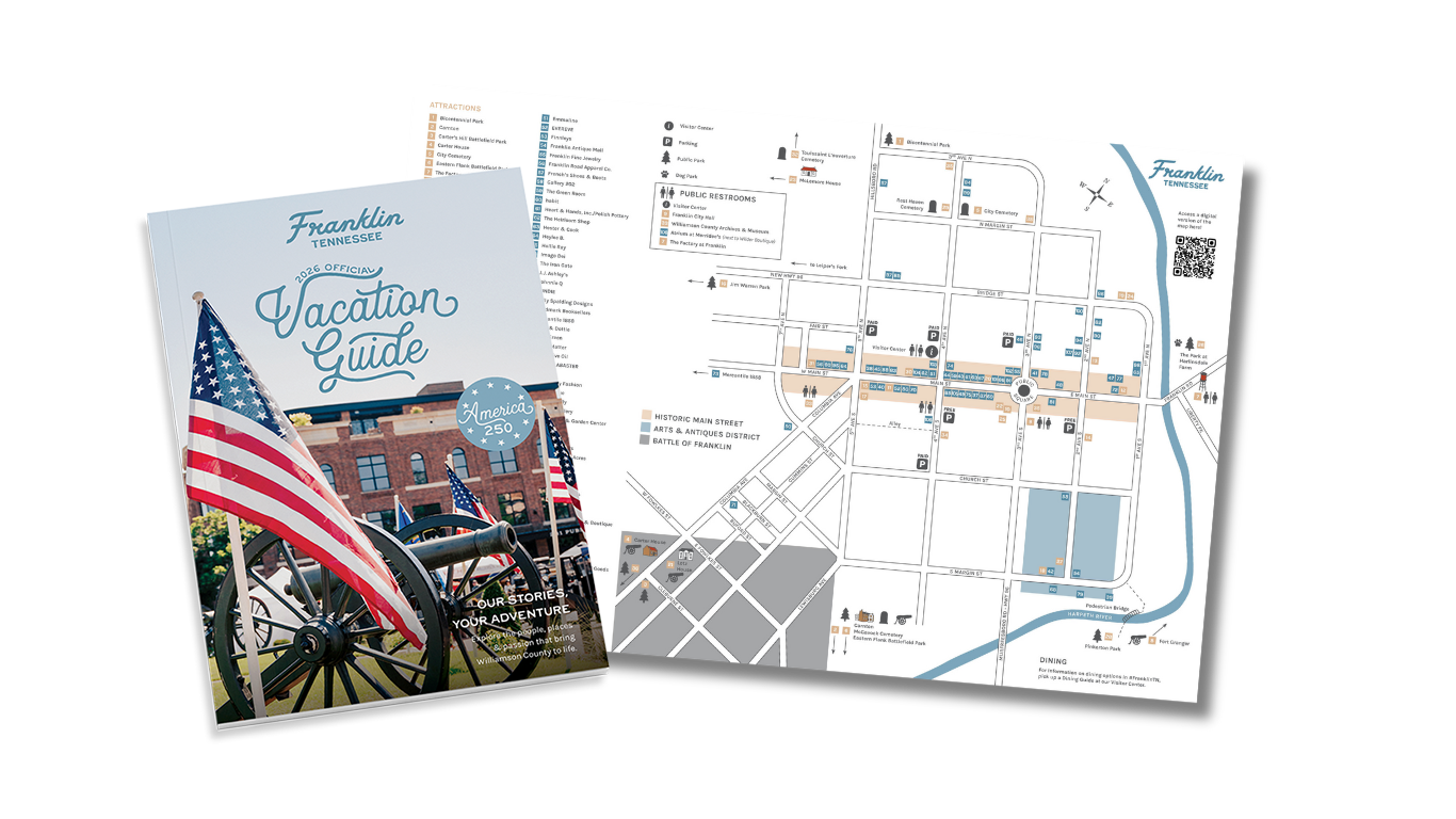 Franklin, Tennessee Vacation Guide featuring American flags and a historic cannon, alongside a detailed city map in Williamson County, Tennessee.