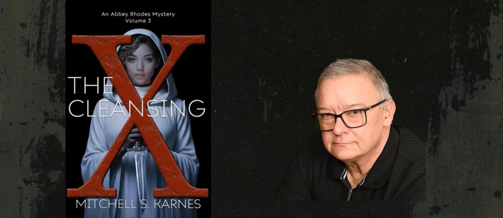 A book cover featuring a woman in a white hooded robe holding a sword, with the title 'The Cleansing' and author's name 'Mitchell S. Karnes' displayed prominently in Williamson County, Tennessee.