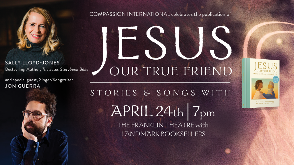 Two authors, Sally Lloyd-Jones and Jon Guerra, present a special event featuring stories and songs based on the book 'Jesus, Our True Friend' in Williamson County, Tennessee.