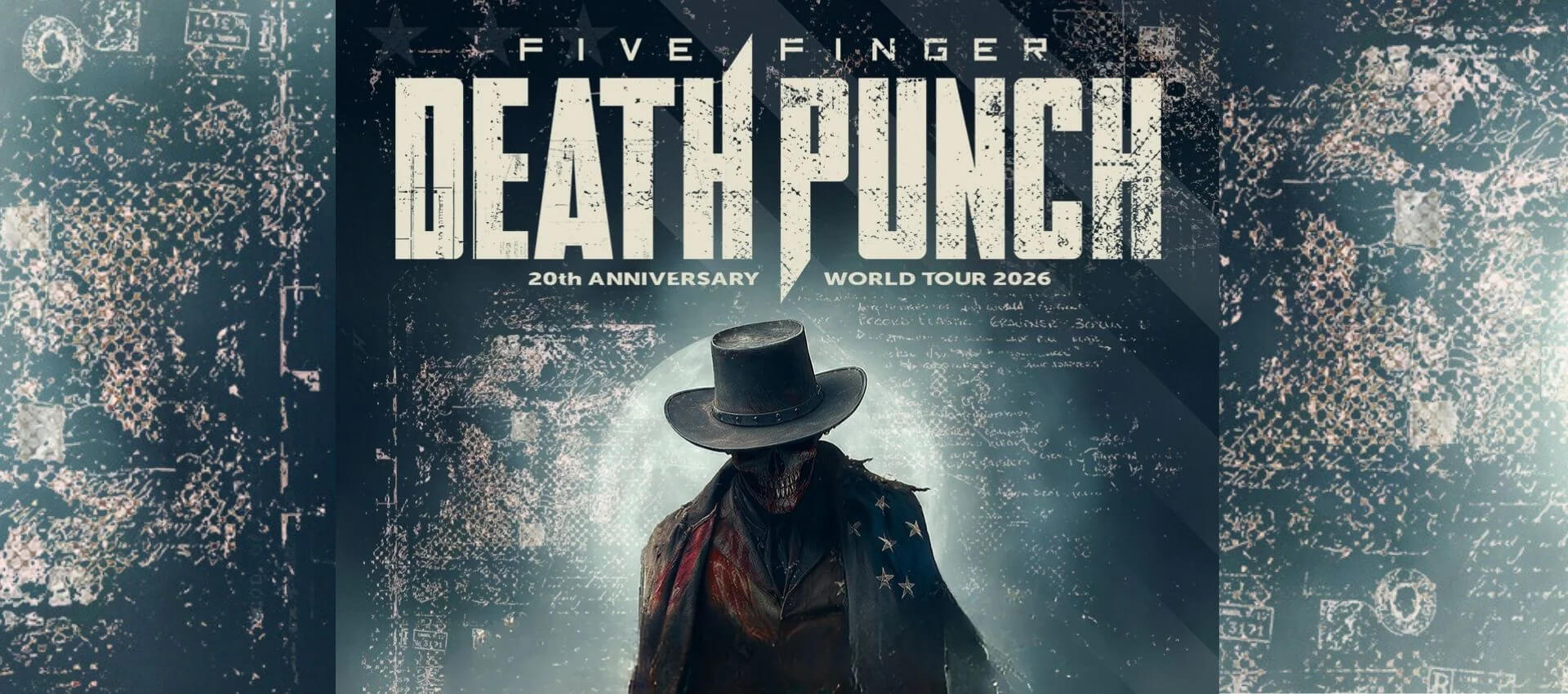 Five Finger Death Punch - 20th Anniversary World Tour A mysterious figure in a cowboy hat and tattered American flag coat stands against a dark, starry backdrop, marking the 20th anniversary of Five Finger Death Punch's World Tour 2026 in Williamson County, Tennessee.
