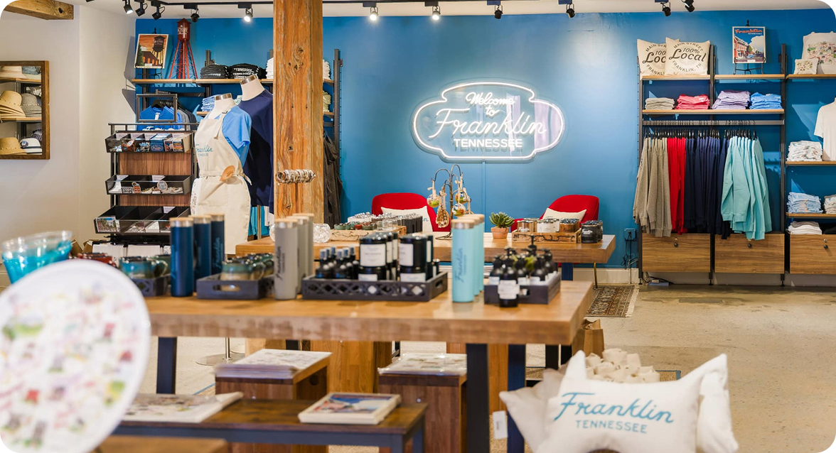 A cozy boutique in Franklin, Tennessee, featuring local goods and clothing with a welcoming atmosphere in Williamson County, Tennessee.