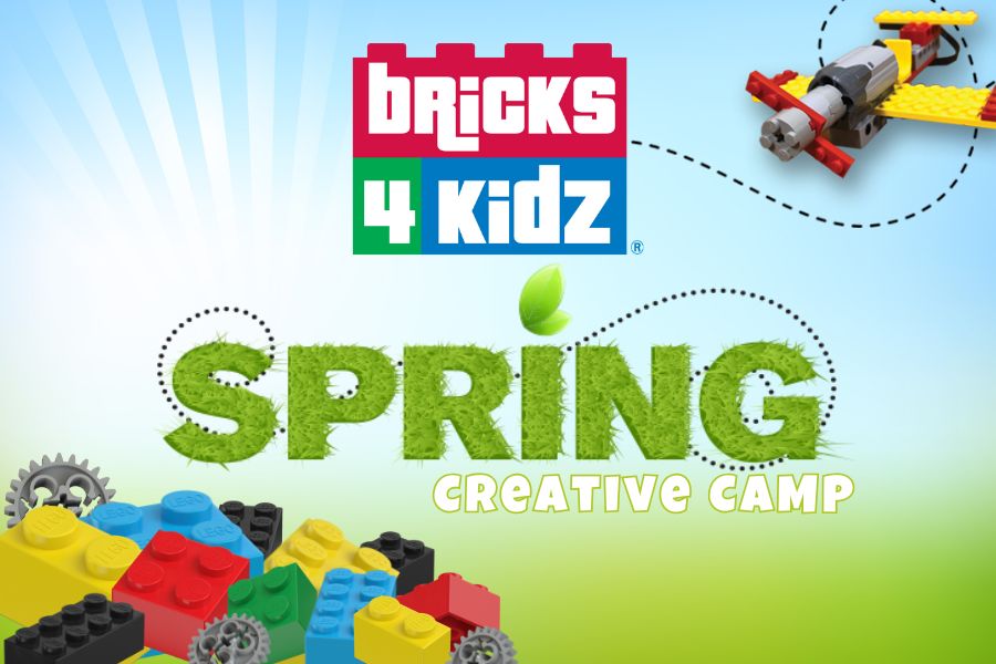 LEGO® CREATIVE SPRING CAMP_ BRICKS4KIDZ FRANKLIN A vibrant poster promotes a creative camp for kids using colorful LEGO bricks and a playful airplane model against a bright blue sky in Williamson County, Tennessee.