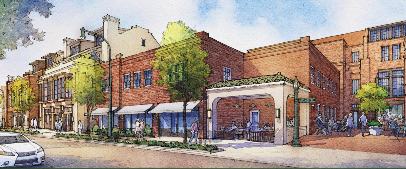 What's New & Coming A vibrant city street scene featuring a mix of architectural styles, with pedestrians strolling along sidewalks lined with trees and lampposts, and a white car parked on the street in Williamson County, Tennessee.