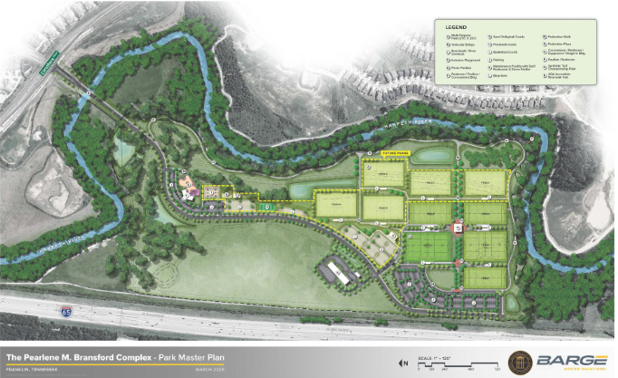 What's New & Coming Aerial view of the Pearlene M. Bransford Complex Park Master Plan featuring sports fields, trails, and a community center in Williamson County, Tennessee.