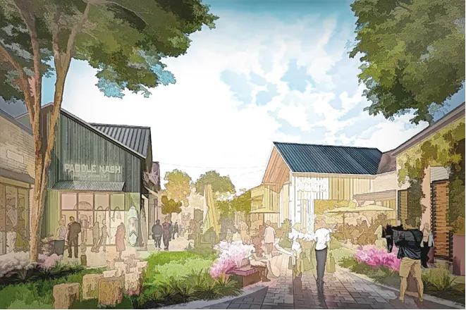 What's New & Coming A bustling outdoor shopping area with quaint wooden buildings, lush greenery, and people strolling along a paved path in Williamson County, Tennessee.