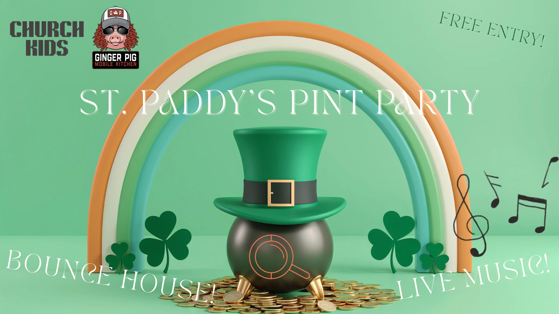 A festive St. Paddy's Day event with a leprechaun-themed bouncy house, live music, and a rainbow archway in Williamson County, Tennessee.