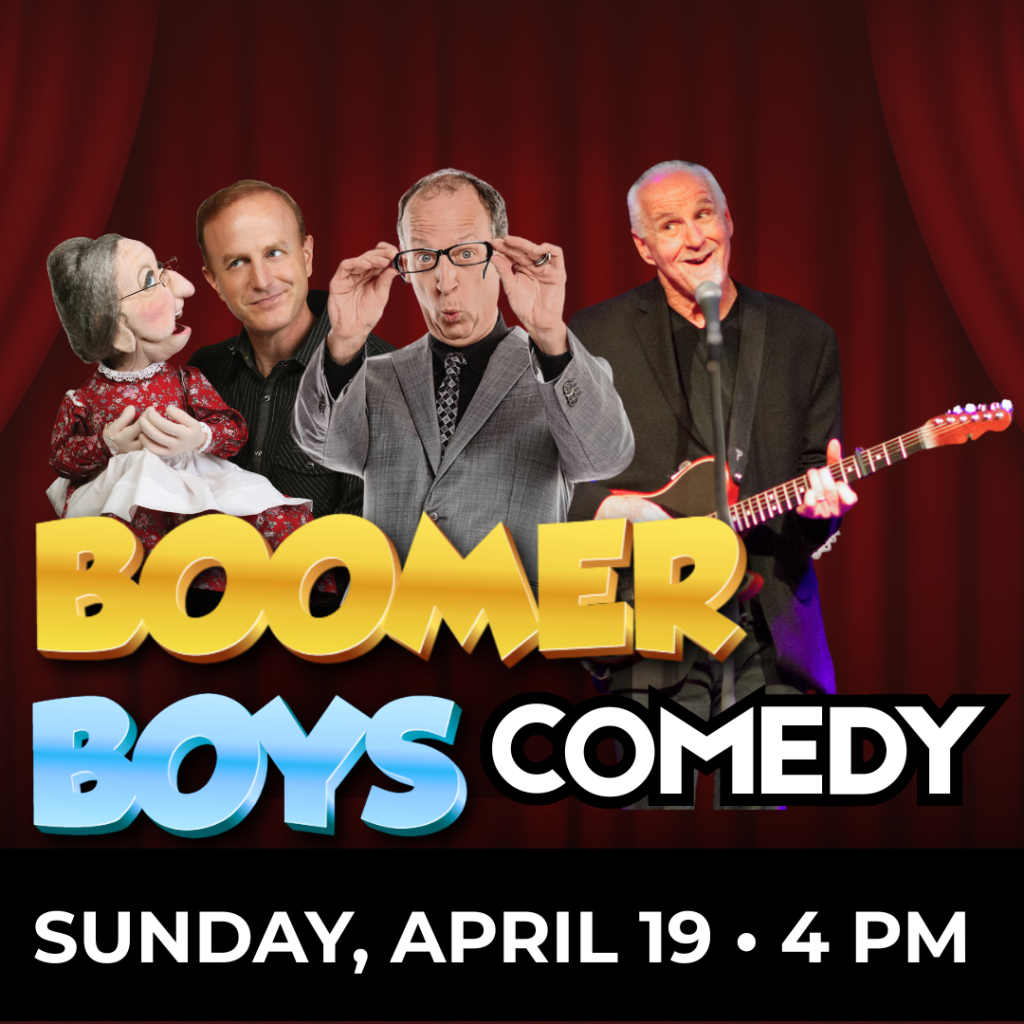 Four performers, including a ventriloquist's dummy, pose on a red curtain stage backdrop for a comedy show called 'Boomer Boys Comedy' in Williamson County, Tennessee.