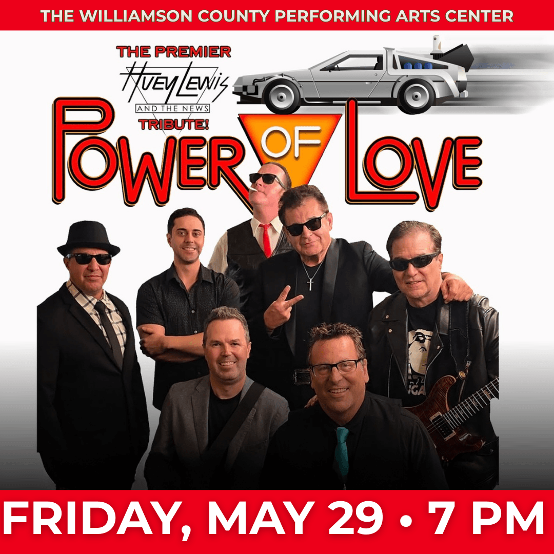 A group of seven men dressed in black suits and sunglasses pose together, with one holding a guitar, for a tribute show titled 'Power of Love: Huey Lewis and the News' at the Williamson County Performing Arts Center on Friday, May 29th at 7 PM in Williamson County, Tennessee.