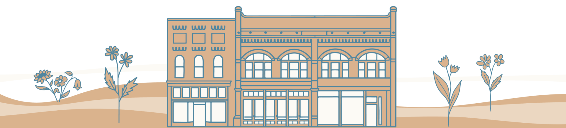 A charming, two-story building with arched windows and a detailed facade, nestled between stylized floral designs in Williamson County, Tennessee.