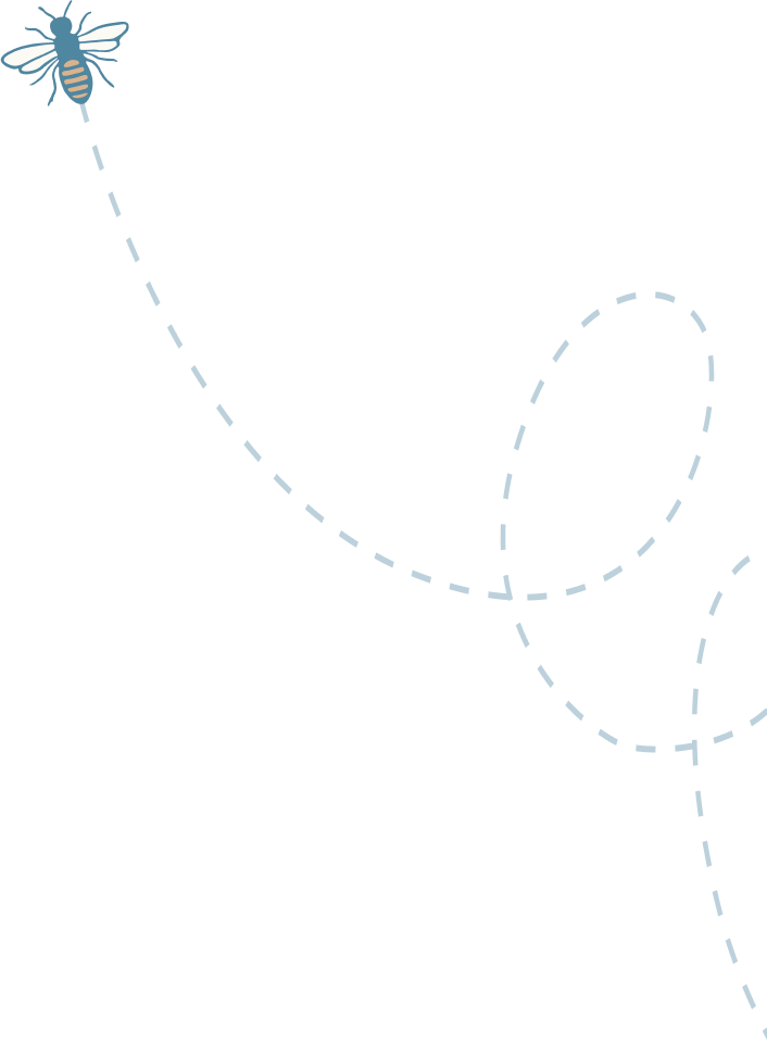 A stylized illustration of a bee flying in a curved path against a black background in Williamson County, Tennessee.