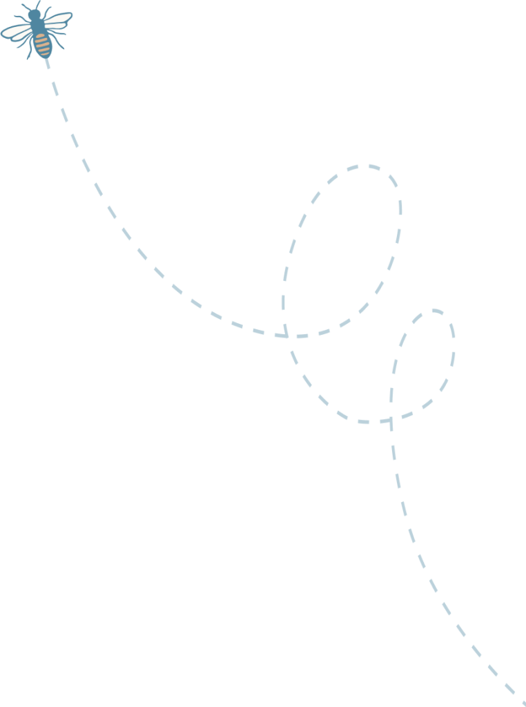 A stylized illustration of a bee flying in a curved path against a black background in Williamson County, Tennessee.