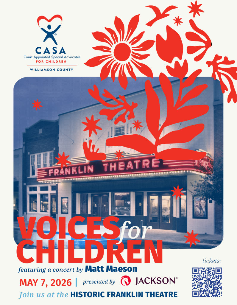 A vibrant poster for 'Voices for Children' concert at the Historic Franklin Theatre, featuring Matt Maeson on May 7, 2026, with tickets available via QR code in Williamson County, Tennessee.