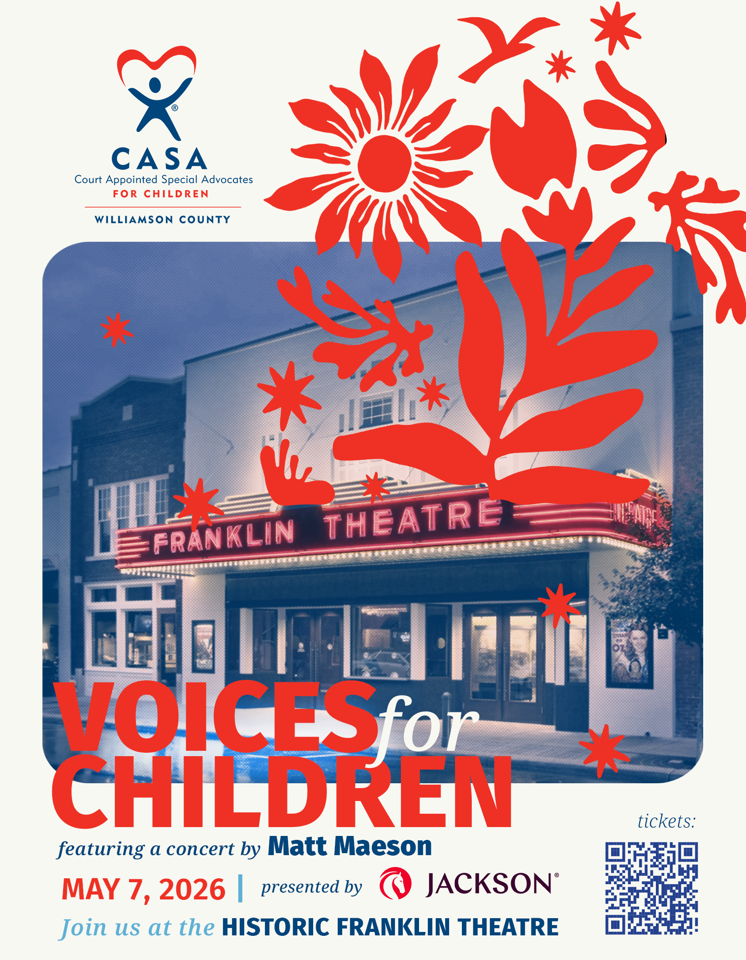 A vibrant poster for 'Voices for Children' concert at the Historic Franklin Theatre, featuring Matt Maeson on May 7, 2026, with tickets available via QR code in Williamson County, Tennessee.