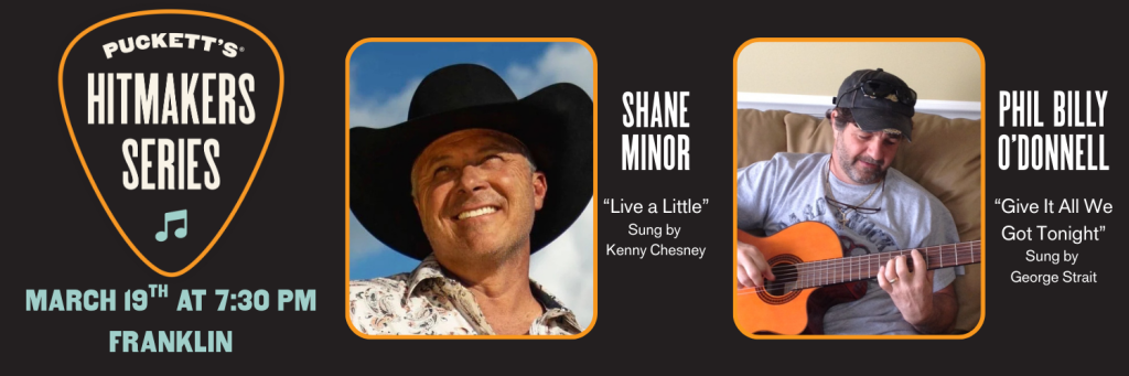 Two country music artists, one in a cowboy hat and the other with a guitar, are featured in a promotional poster for the Hitmakers Series concert in Franklin on March 19th at 7:30 PM in Williamson County, Tennessee.