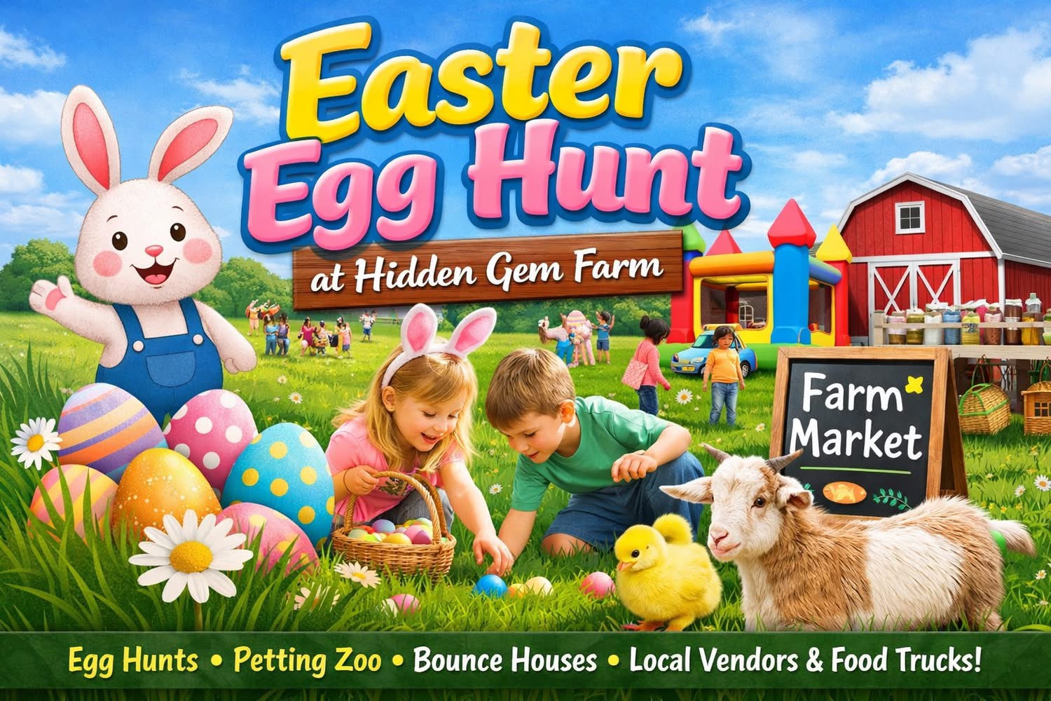 A cheerful Easter celebration at Hidden Gem Farm with children, a bunny, and colorful eggs in a vibrant spring setting in Williamson County, Tennessee.