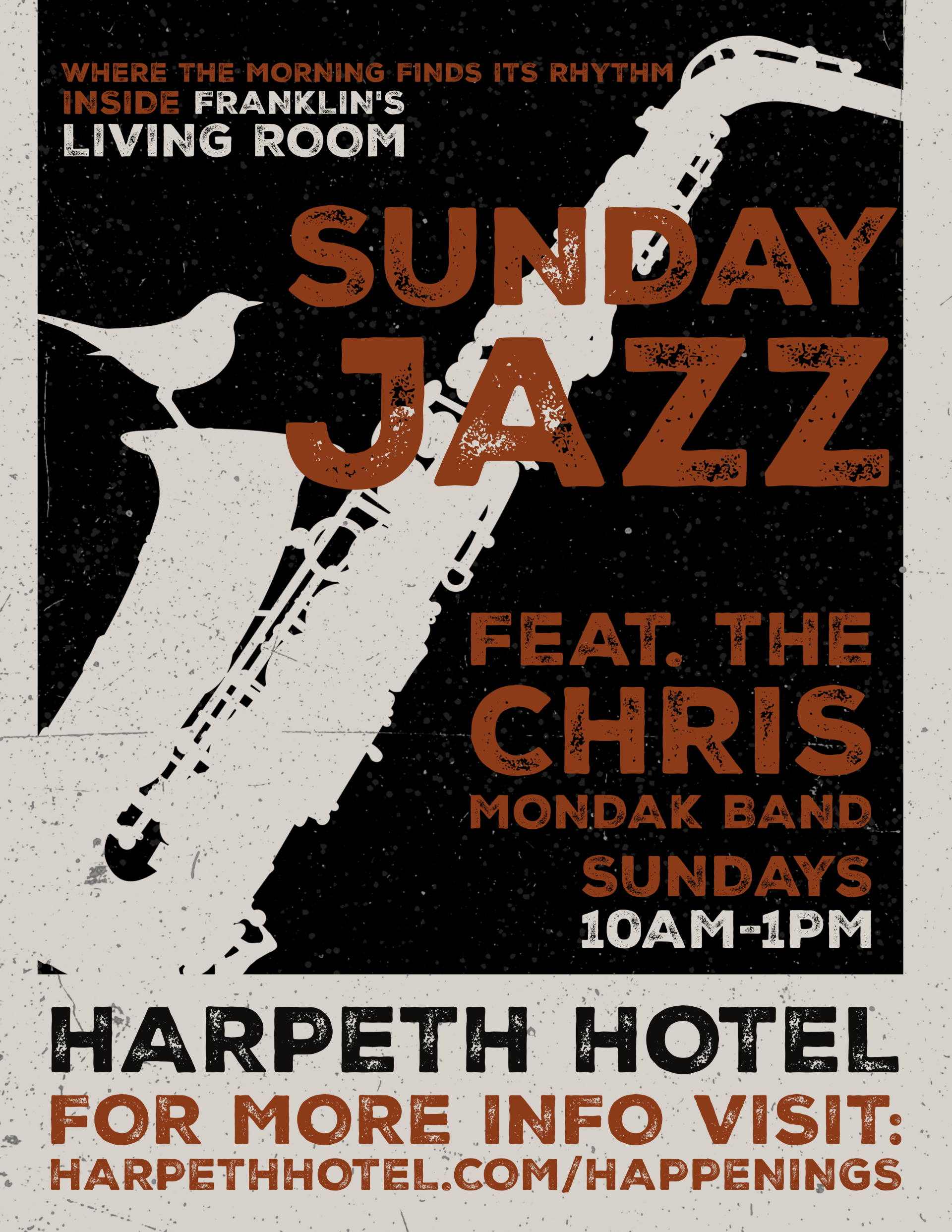A poster advertising Sunday Jazz at the Harpheth Hotel, featuring Chris Mondak Band, with a bird perched on a saxophone in Williamson County, Tennessee.