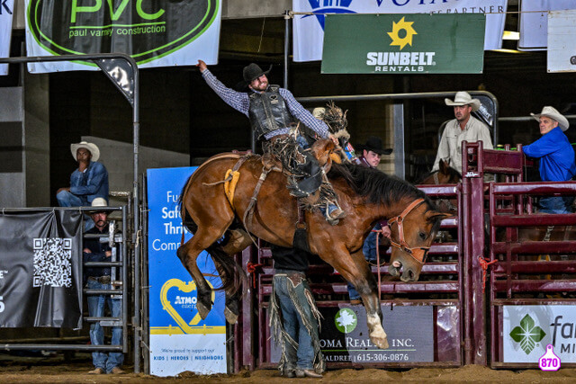A cowboy skillfully rides a bucking bronco in a rodeo arena, surrounded by spectators and event sponsors' banners in Williamson County, Tennessee.