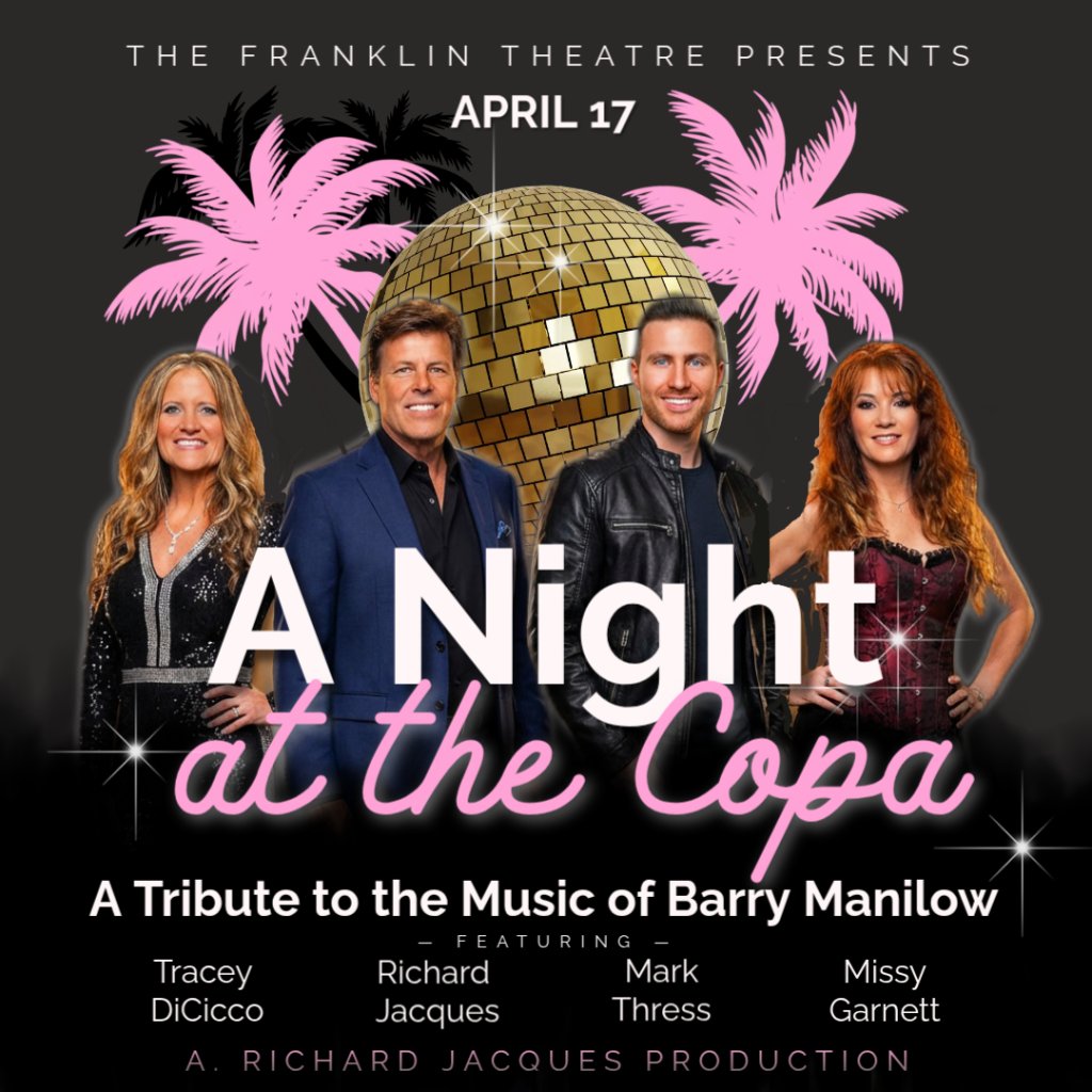 Four performers smile brightly, standing in front of a glittering disco ball and pink palm trees, promoting a musical tribute to Barry Manilow's music in Williamson County, Tennessee.