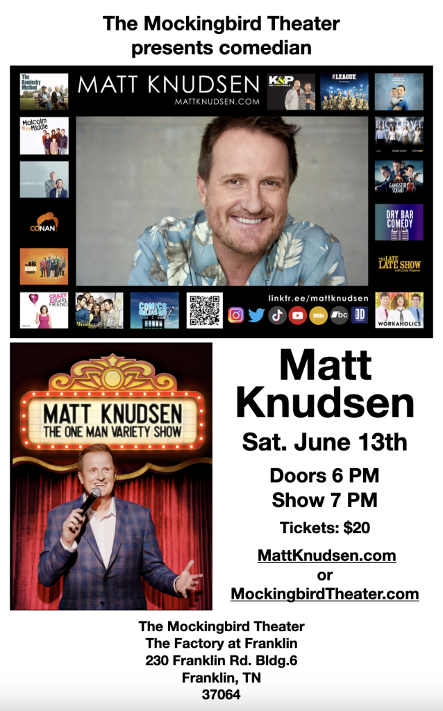 Matt Knudsen, a comedian, performs at The Mockingbird Theater on June 13th in Williamson County, Tennessee.