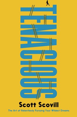 A person climbing a series of blue ladders against a yellow background, symbolizing the pursuit of dreams in Williamson County, Tennessee.