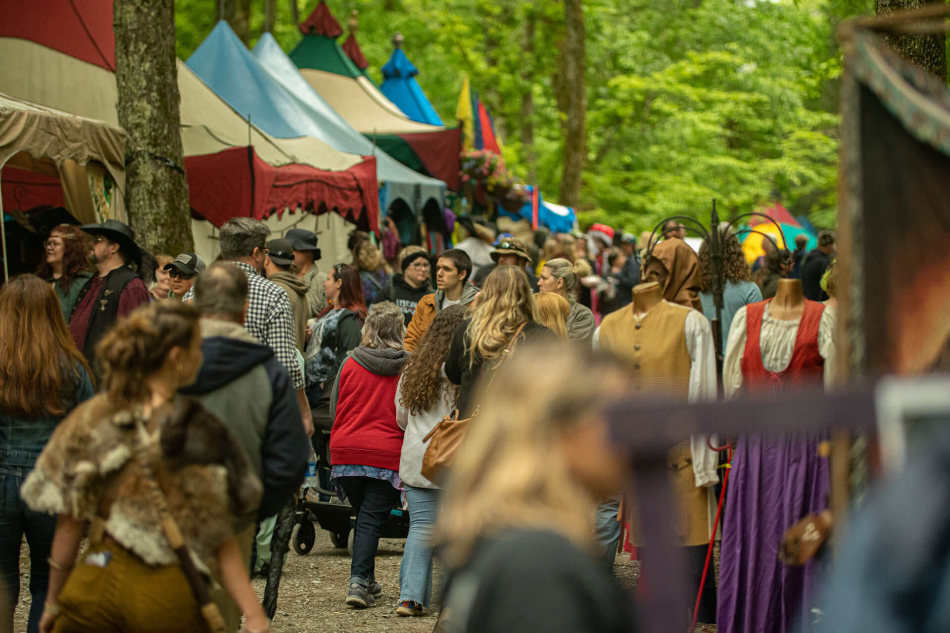 Tennessee Renaissance Festival A bustling medieval-themed festival with colorful tents and costumed attendees fills a forest clearing in Williamson County, Tennessee.