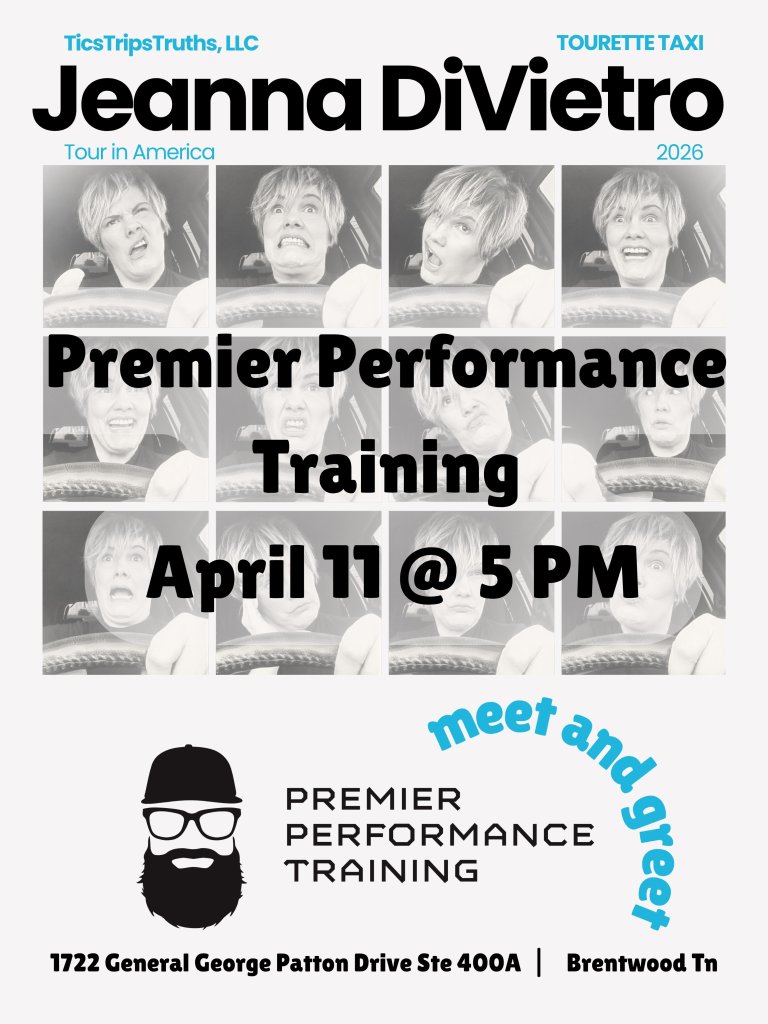 Jeanna DiViestro's Premier Performance Training event poster featuring a collage of her expressive faces behind the wheel of a car, promoting a meet-and-greet and training session on April 11th at 5 PM in Brentwood, TN in Williamson County, Tennessee.