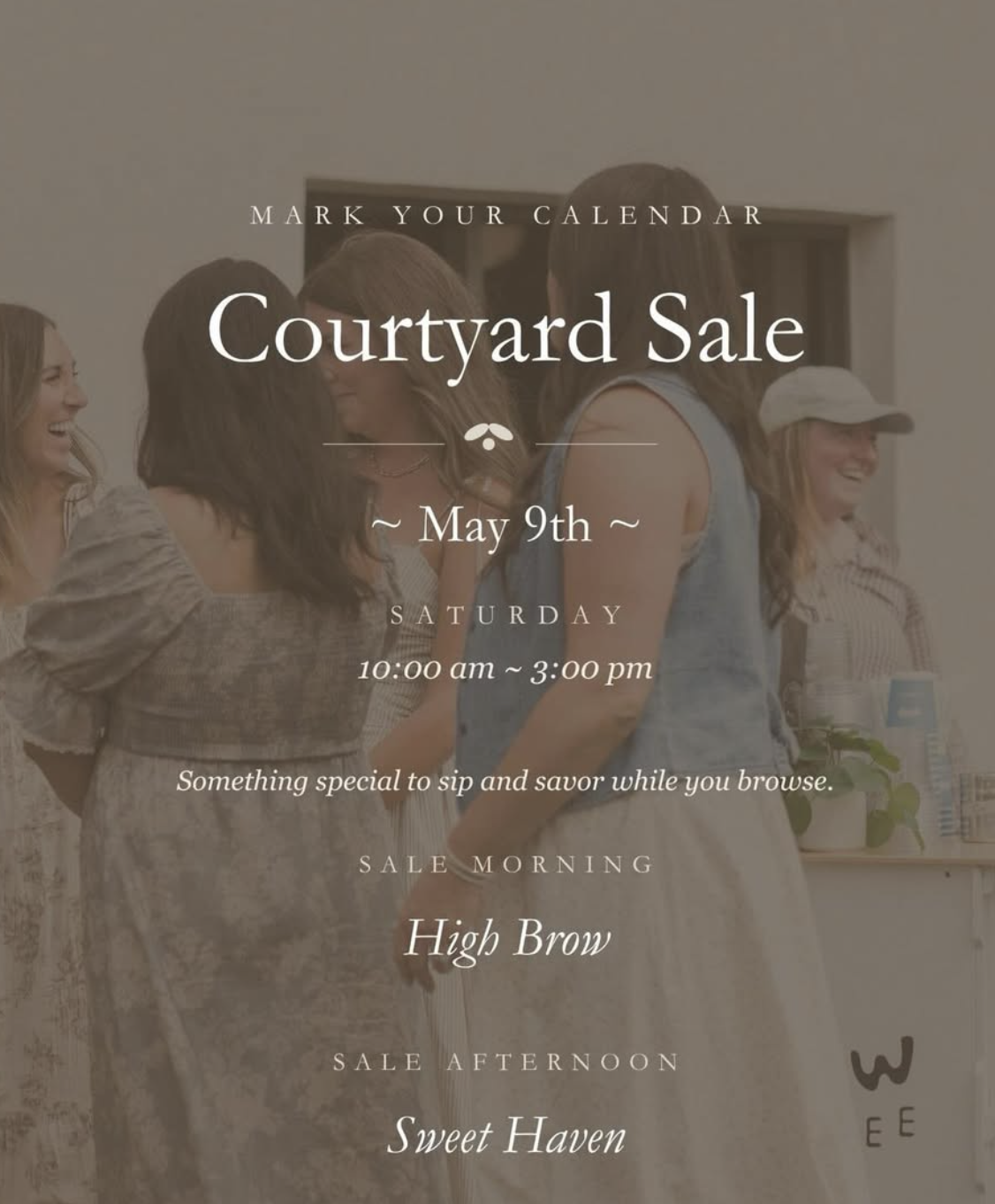 Four women in elegant attire are gathered in a courtyard, laughing and enjoying each other's company, with a sale event advertised in the background in Williamson County, Tennessee.