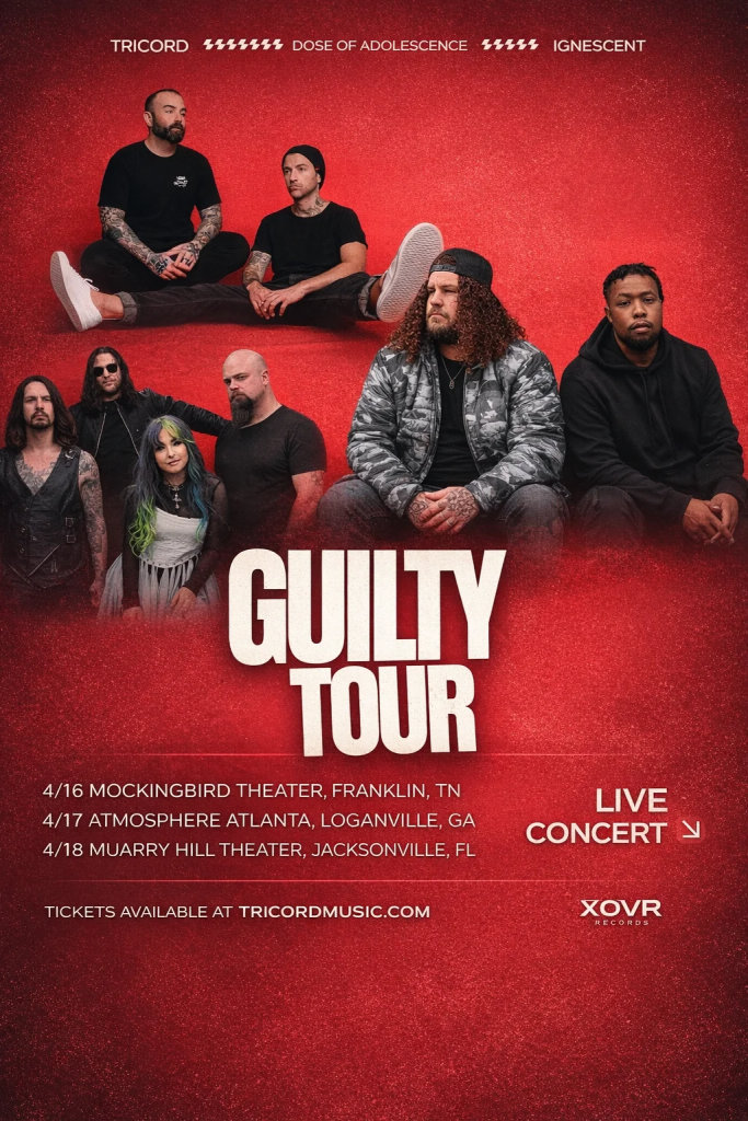 A group of seven musicians, dressed in dark clothing, sit and stand against a vibrant red background, promoting their 'Guilty Tour' with dates and ticket information in Williamson County, Tennessee.