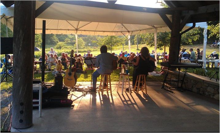 A live music performance under a tent with musicians and audience enjoying the evening in Williamson County, Tennessee.
