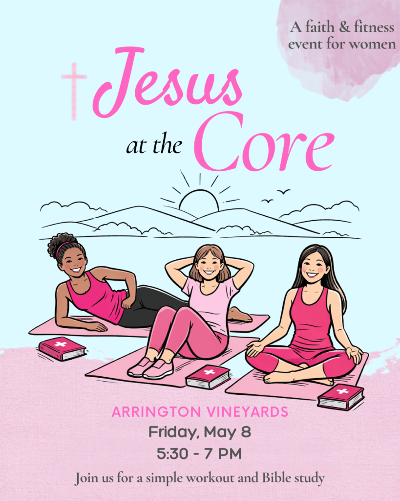 Three women in pink workout attire are doing yoga on pink mats with pink Bibles and a pink cross nearby, promoting a faith and fitness event for women called 'Jesus at the Core' at Arringon Vineyard on May 8th from 5:30-7 PM in Williamson County, Tennessee.