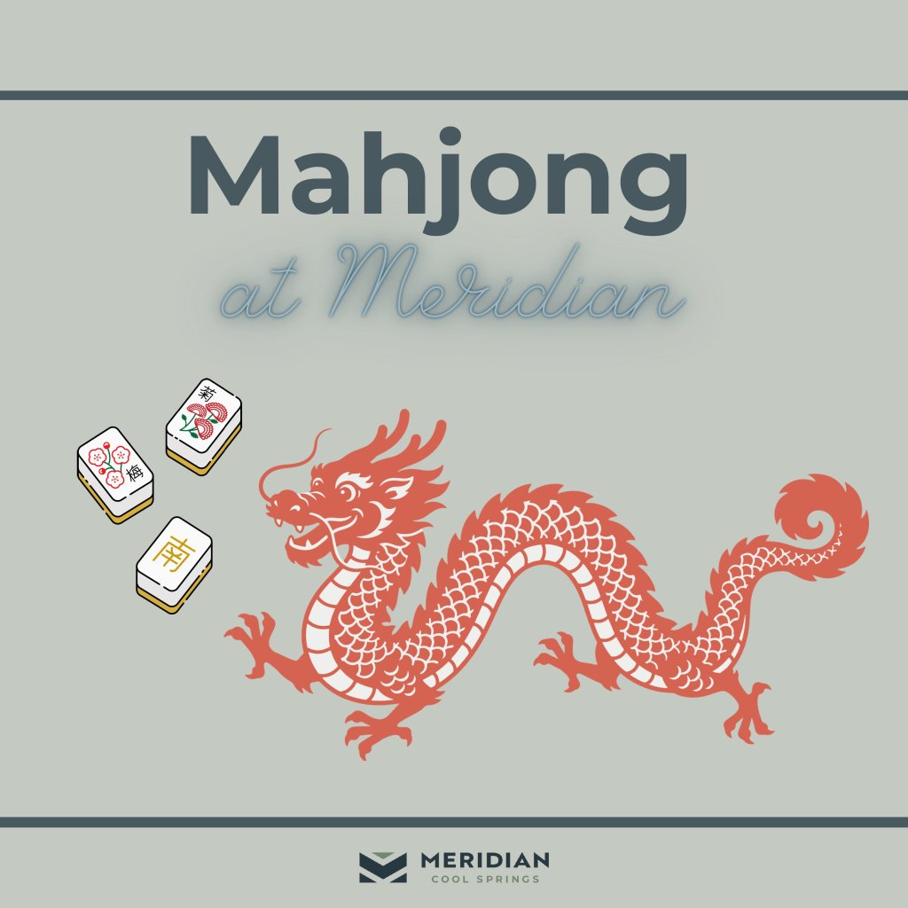 A vibrant red dragon and Mahjong tiles promote Mahjong at Meridian, a community event in Williamson County, Tennessee.