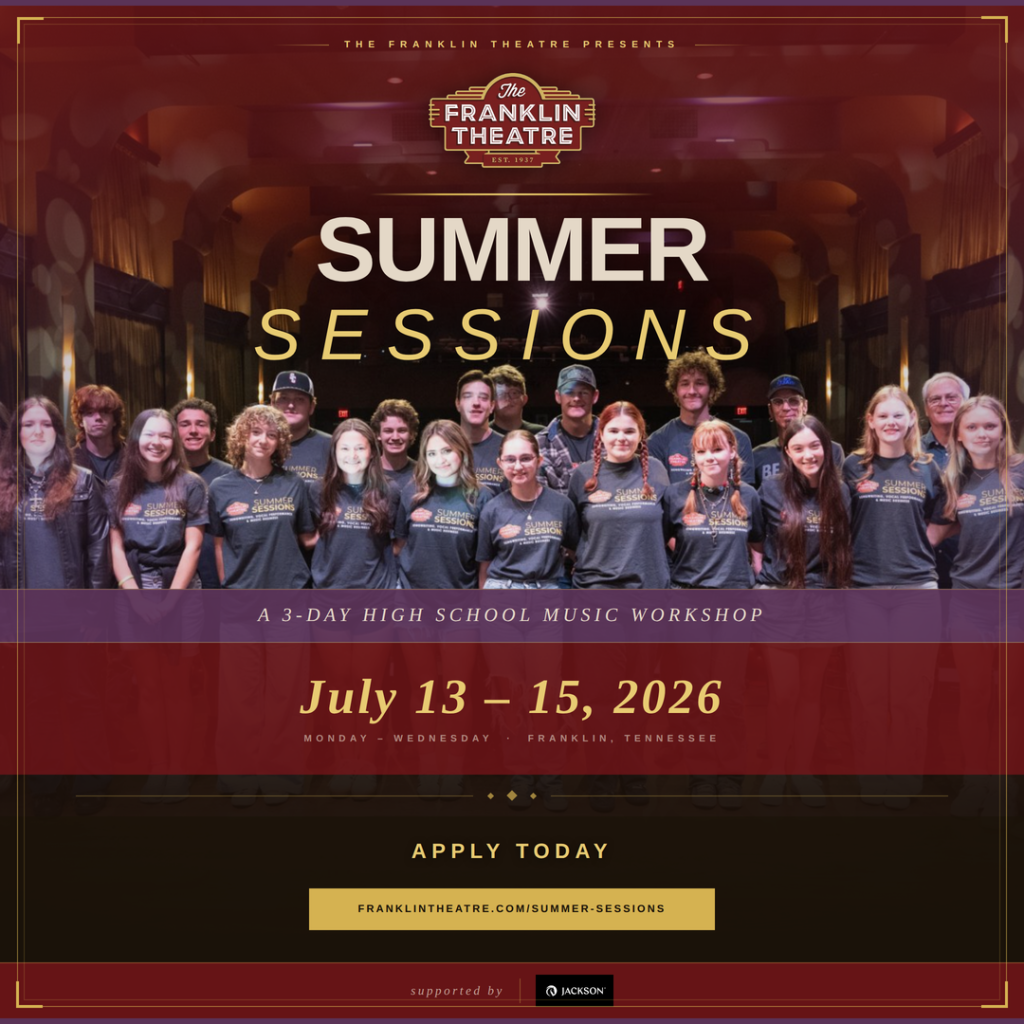 A group of high school students wearing matching t-shirts pose together for a summer music workshop at the Franklin Theatre in Williamson County, Tennessee.