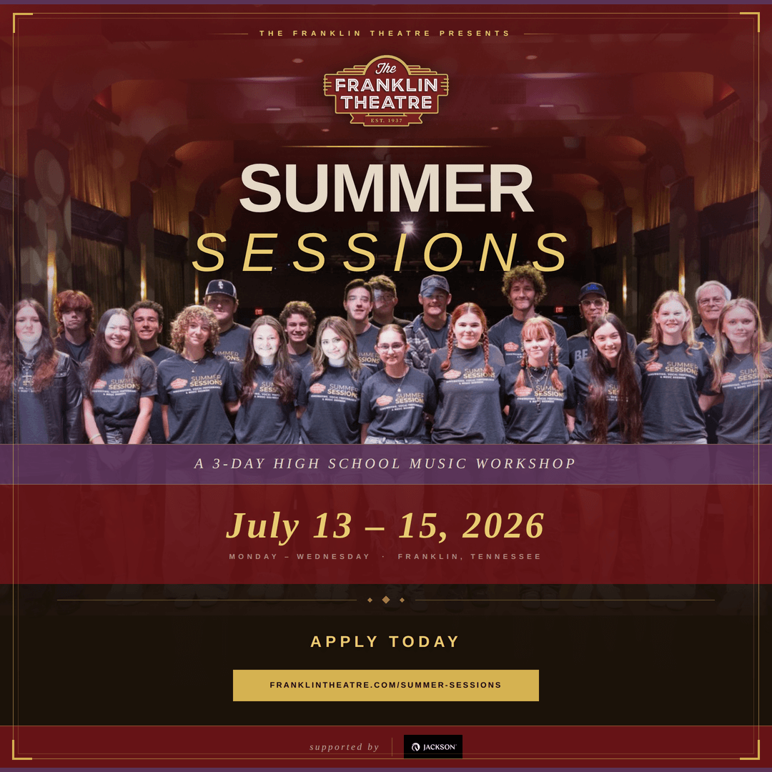 A group of high school students wearing matching t-shirts pose together for a summer music workshop at the Franklin Theatre in Williamson County, Tennessee.