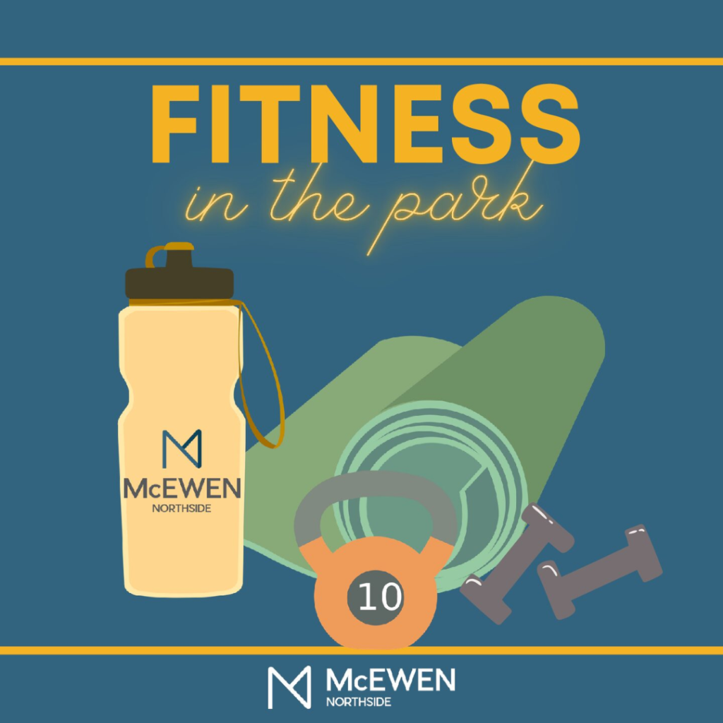 Fitness equipment including a water bottle, yoga mat, kettlebell, and dumbbells arranged in a park setting in Williamson County, Tennessee.