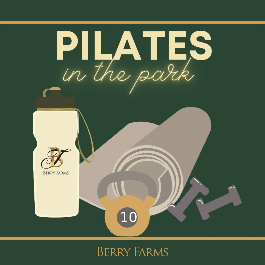 A promotional poster for Pilates classes in the park, featuring a water bottle, exercise mat, dumbbells, and a kettlebell in Williamson County, Tennessee.