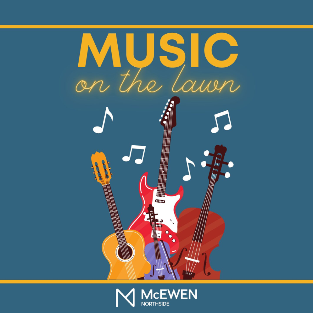 Three colorful musical instruments - a guitar, a violin, and a cello - are depicted on a blue background with the text 'Music on the Lawn' and musical notes floating around them in Williamson County, Tennessee.