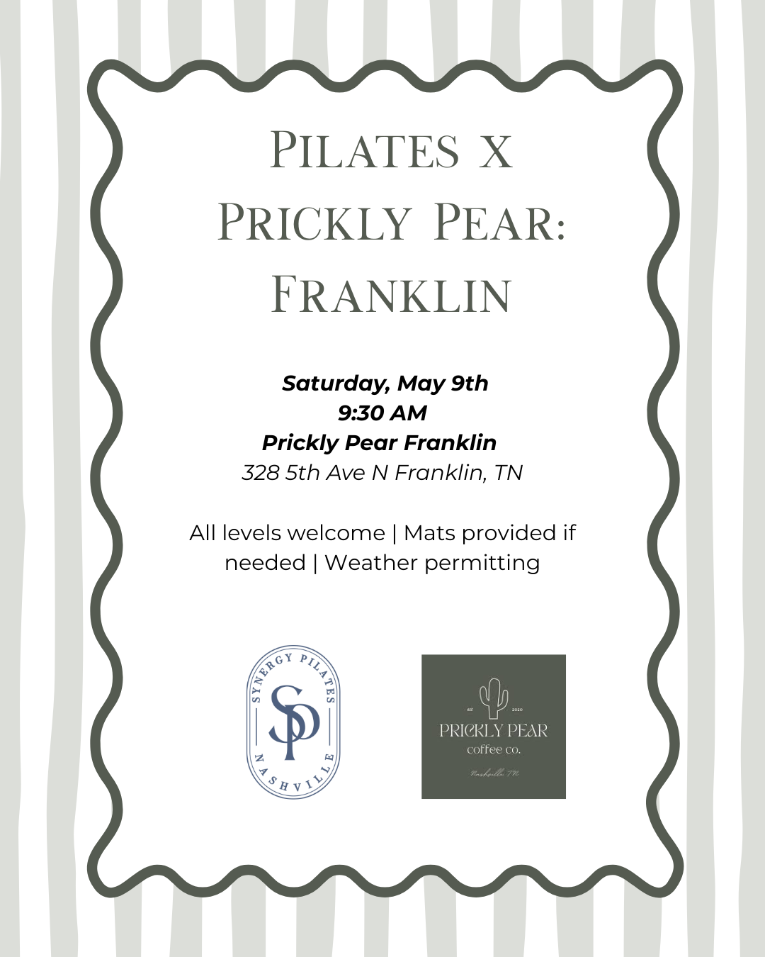Pilates X Prickly Pear Franklin event flyer in Williamson County, Tennessee.