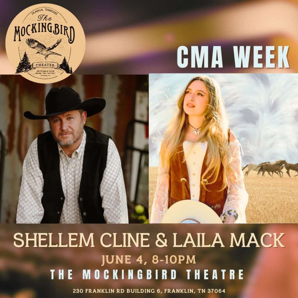A cowboy and a woman in a flowing dress stand together, promoting a concert at The Mockingbird Theatre during CMA Week in Williamson County, Tennessee.