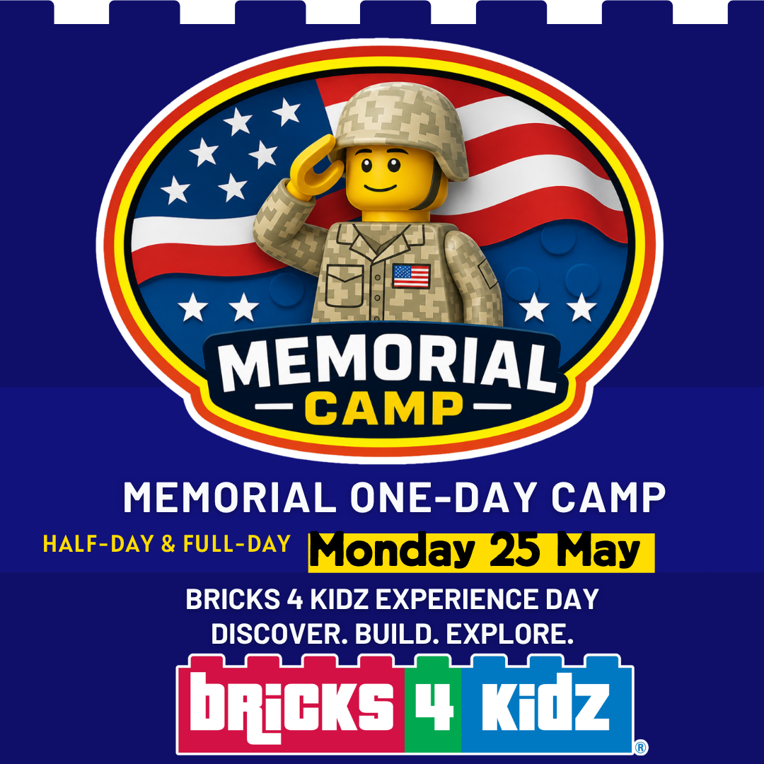 A LEGO minifigure in military uniform saluting the American flag, promoting a Memorial Day camp event in Williamson County, Tennessee.