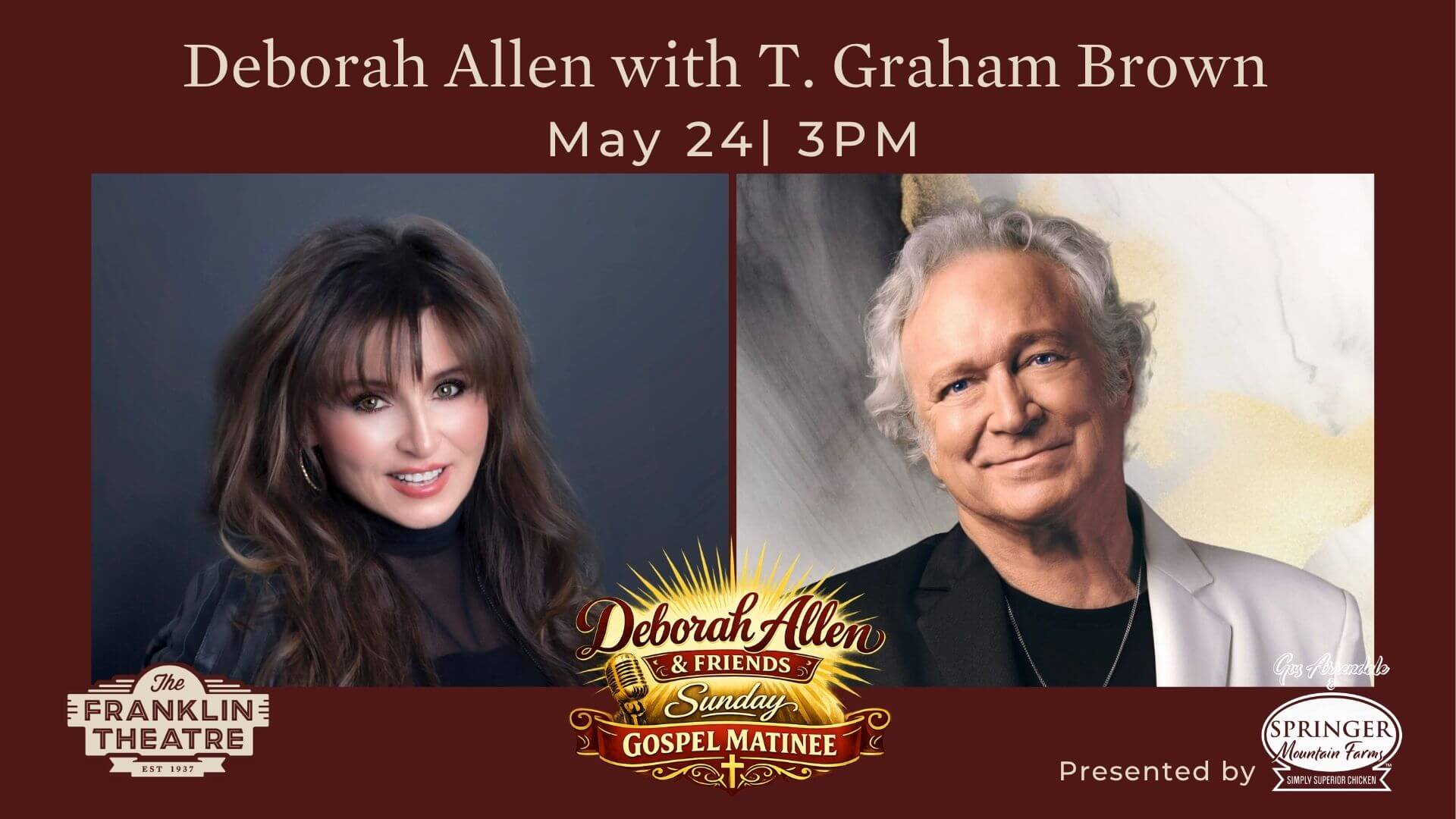 Deborah Allen and T. Graham Brown performing together at The Franklin Theatre in Williamson County, Tennessee.