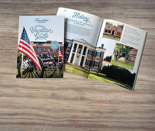 A travel guide showcasing historic sites and attractions in Franklin, Tennessee, featuring an American flag and a historic home in Williamson County, Tennessee.