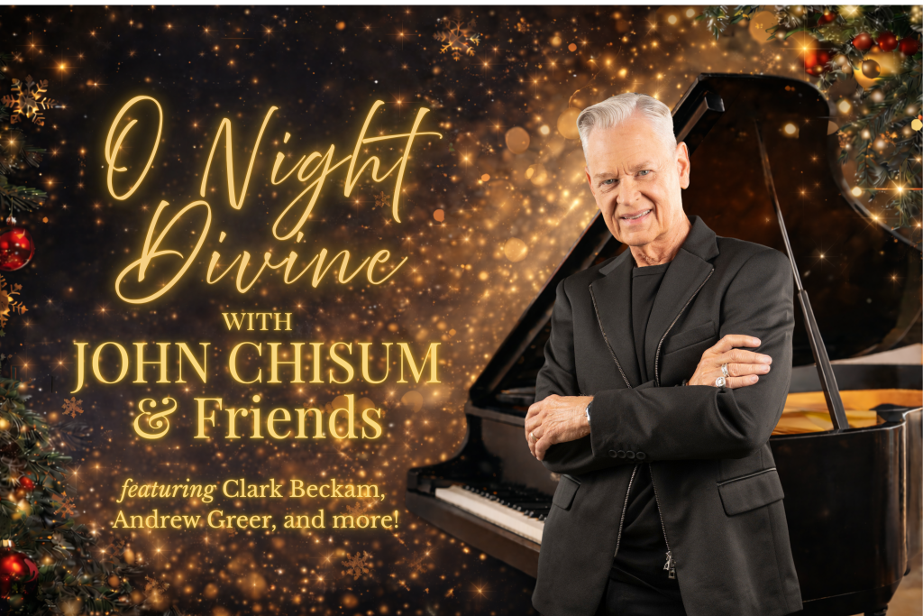 Events John Chisum stands confidently next to a grand piano, with a festive background of Christmas trees and golden lights in Williamson County, Tennessee.