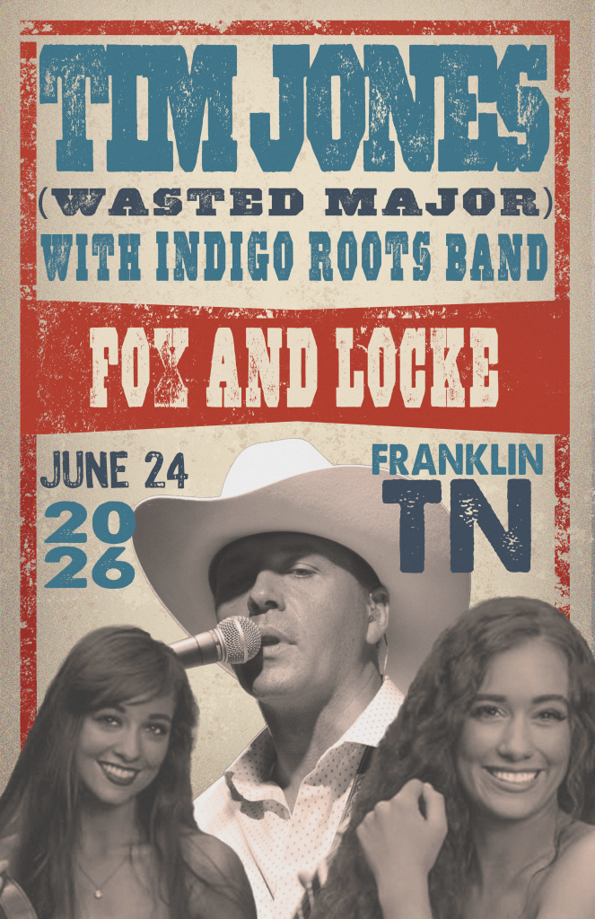 Events Tim Jones performs with Fox and Locke and the Indigo Roots Band in Franklin, TN on June 24, 2026 in Williamson County, Tennessee.