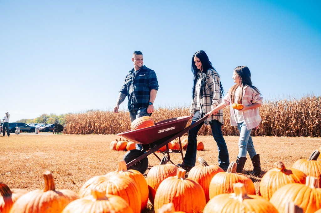 A family walks through a pumpkin patch on a sunny day in Williamson County, Tennessee.