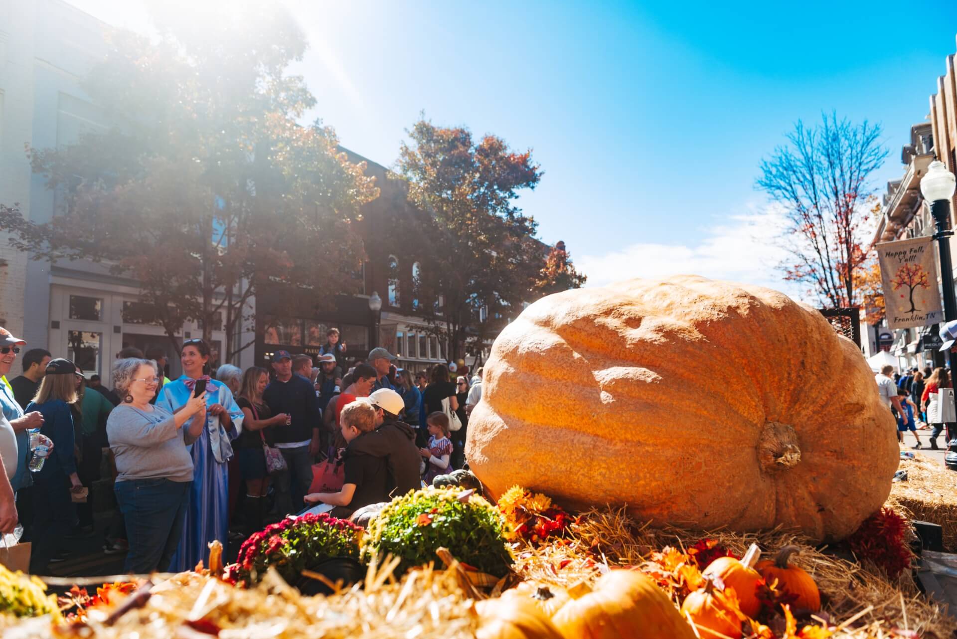 PumpkinFest A massive pumpkin on display at a sunny outdoor autumn festival with a crowd in Williamson County, Tennessee.